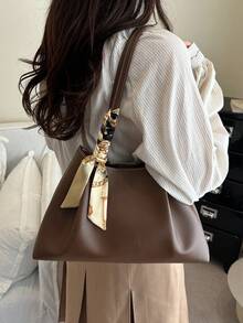 2026 Spring New Arrival High-End Fashion Pleated Large Capacity Tote Bag With Scarf, Luxury Versatile Shoulder Handbag - Coffee Brown - View 5