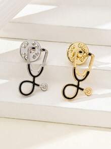 2pcs Silver Needle Brooch Set + Delicate Stethoscope & Syringe Metal Brooch, Fashionable Medical Element Multi-Functional Accessory Gift - Silver - View 6