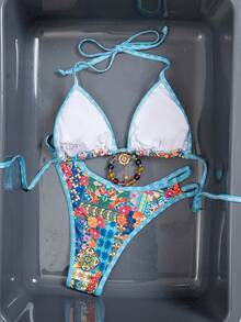 Floral & Plaid Print Halter Tie Front Bikini Set Vacation - Multicolor - View 7