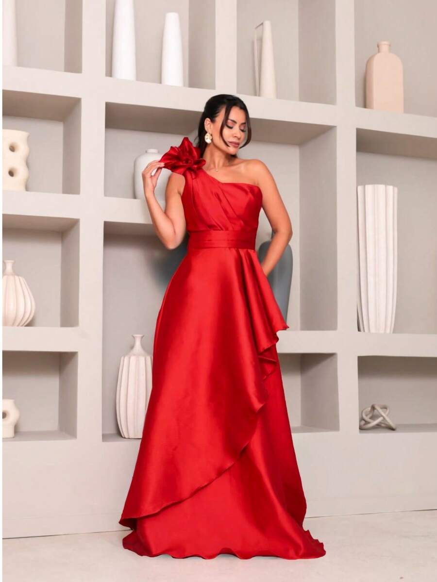 Long Dress With Flower For Graduation, Party, Wedding, Evening. - Rojo - Ver 1