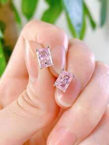 S925纯银长方形5A级立方氧化锆几何耳钉，小巧精致，优雅百搭，适合日常、派对、旅行等各种场合，配有精美礼盒 - 白金 - 查看 2