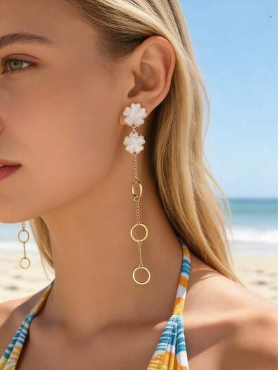 1 Pair Bohemian Style Metal Five-Leaf Clover Flower Chain Drop Earrings, Women's Summer Beach Holiday Photo Outfit Accessory