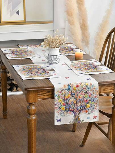 1/4/5/6/7件套春夏花卉图案桌旗，适合春夏聚会，是室内外餐桌装饰的理想之选，家居装饰套装，客厅装饰套装，卧室装饰套装，餐厅装饰套装，亚麻质感，多种尺寸可选，餐桌装饰，壁炉围巾，餐垫，隔热垫，家居装饰