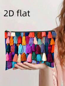 2D平面印花迷人图案流苏化妆包，便携拉链封口，新年礼物送给妈妈和女朋友 - 彩色 - 查看 3