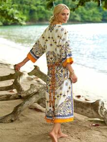 1 chiếc áo khoác dài kiểu Bohemian họa tiết hoa điều dành cho nữ, dáng rộng, phong cách nghỉ dưỡng, chống nắng, thích hợp mặc ngoài bikini đi biển mùa hè. - Nhiều màu - Xem 2