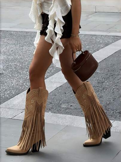 Knee High Boots For Women Rhinestone Fringe Wide Calf Pointed Toe Chunky Heel Western Long Tall Boot Cowgirl Cowboy Boots Pull On Retro Concert Festival Statement Boots
