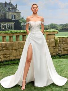 Elegant Embroidered Mesh Patchwork Wedding Dress - White - View 5