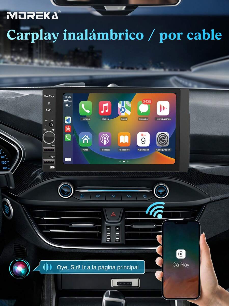 Reproductor multimedia para automóvil, compatible con CarPlay inalámbrico y Android inalámbrico, pantalla portátil universal para automóvil con cámara. - A - Ver 1