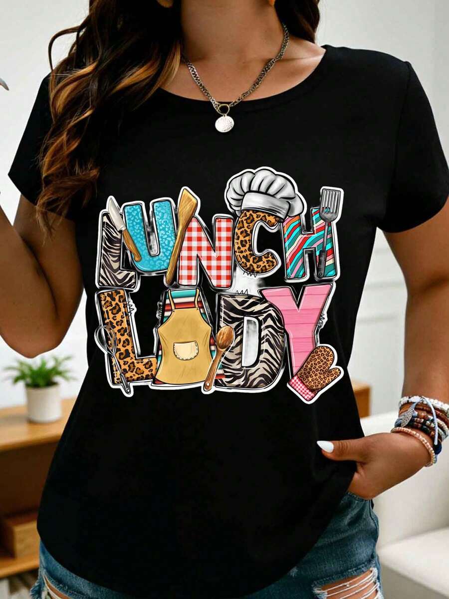Lunch Lady Chef Apron Kitchen Tools Cooking Pattern Graphic T-Shirt For Women Casual Summer Top Fun Food Theme Shirt - Black - View 1