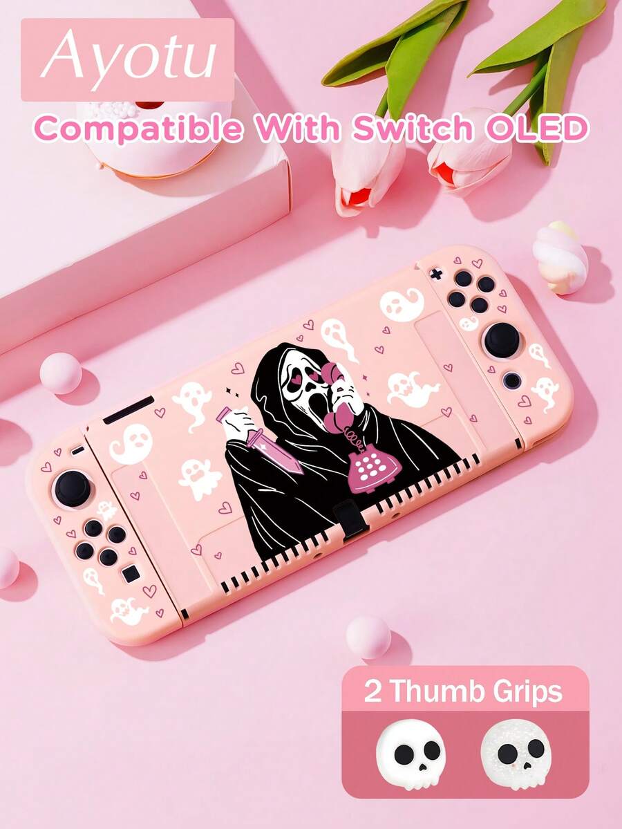Ayotu Death & Heart & Ghost Themed Switch Protective Case, Suitable For New Switch 2 (2025)/Switch NS/Switch OLED, Can Be Installed On The Dock Without Removing The Protective Case, Universal Game Controller Protective Cover, Comes With 2 Joystick Caps, Switch Gaming Accessories, Anti-Fall And Anti-Scratch, Spring Romance/Back To School Gift/Valentine's Day Gift - Xem 1
