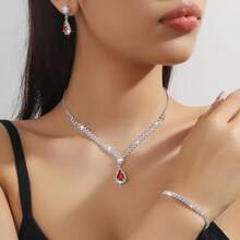 Bộ trang sức 3 món bằng bạc đính đá lấp lánh thời trang gồm dây chuyền, bông tai và vòng tay, phụ kiện cưới cô dâu. - 734783 bộ vòng cổ hoa tai vòng tay màu đỏ - Xem 8