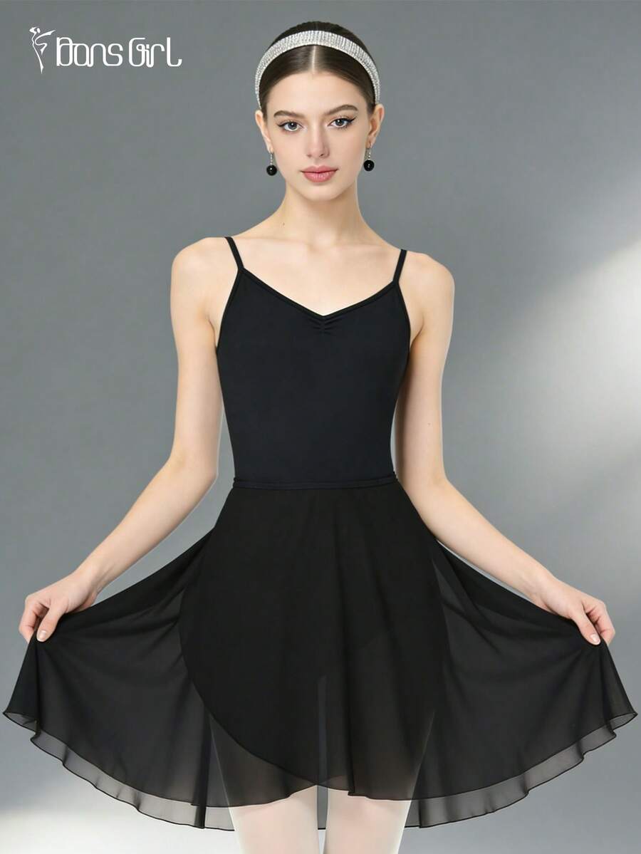 DonsGirl 1 pieza Vestido envolvente de gasa midi para mujer, unicolor, adecuado para actuación de ballet, negro, primavera