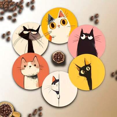 6 pièces/set Dessous de verre en bois avec motif chat charmant, minimaliste et élégant pour tasses à café et à thé, décoré d'un design de chat en bois pour l'isolation thermique, parfait pour le thé de l'après-midi, idéal pour la décoration de la maison et les cadeaux pour les amis