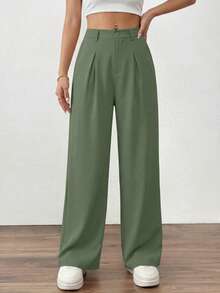 Women's Casual High Waist Wide Leg Straight Trousers Buttom Loose Solid Spring Fall Business Work Office Pants With Pocket - Xám xanh - Xem 5