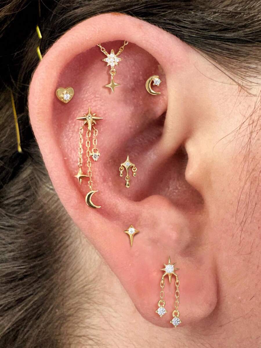 SereneSpark 1件925纯银浪漫星月立方氧化锆耳钉，平底耳骨耳廓穿孔精美首饰，适合女性日常佩戴、派对、婚礼和宴会等场合。 - 金色 - 查看 1