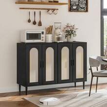 Gabinete de buffet de aparador de madera con 4 puertas, Ratan Side Board Accent Buffet con toma de corriente, aparador de madera, gabinete Boho para la entrada, pasillo, comedor, sala de estar, café bar - Negro - Ver 7