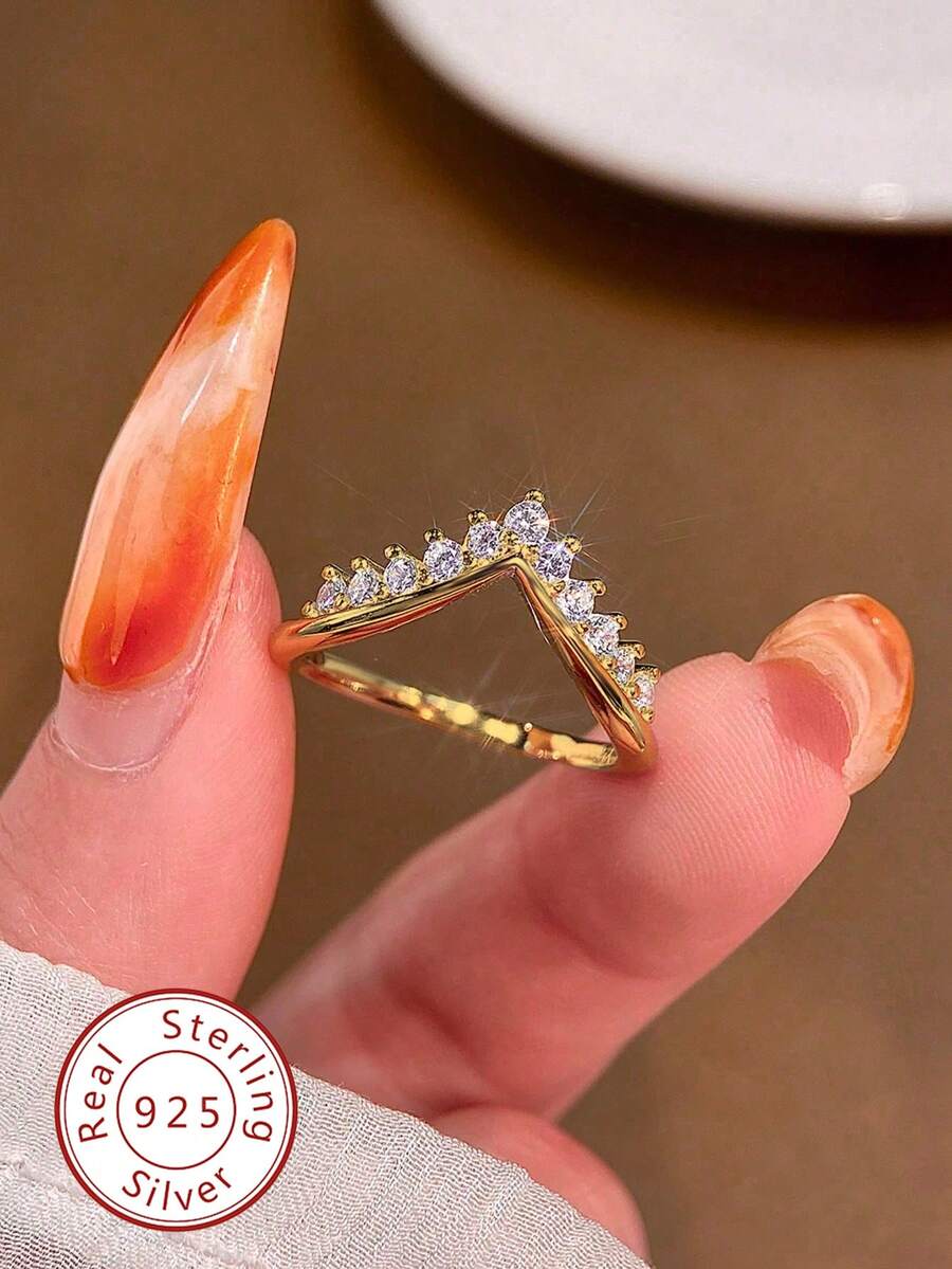 1 pieza Anillo apilable en forma de V elegante con circonita, de plata de ley 925, joyería exquisita, regalo para fiestas, cumpleaños, adecuado para uso diario y citas de mujeres - Anillo de corona en forma de V con diamantes - Ver 1