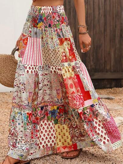 Floral Print Casual Bohemian Ruffle Hem High Waist Elegant Vacation Dress, Suitable For Independence Day, Graduation, Date, Beach, Festival, Honeymoon, Music