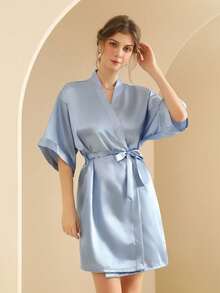 1 pezzo Vestaglia da donna in seta, abito da sposa, vestaglia elegante con cintura in vita di colore unito adatta per tutte le stagioni, pigiama corto in morbida seta raso, adatto per spose, damigelle, uso domestico. Abito corto per la stagione di taglio dell'erba, vestaglia lunga iniziale, vestaglia da camera e pigiama. - azzurro - Visualizzare 4