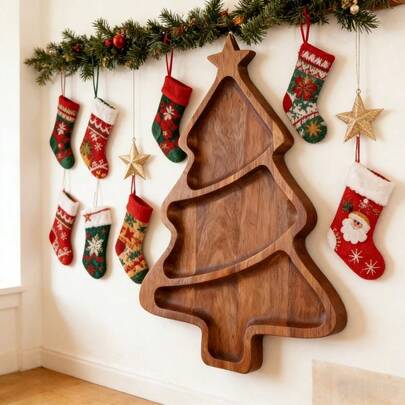 Christmas Tree Tray, Serving Tray, Platter, Wooden Tray, Kitchen Tray, Food Tray, Suitable For Snacks, Nuts, Desserts, Fruits, Cheese And Cookies, Tray, Christmas Party Centerpiece Decor, Kitchen Accessories, Kitchen Supplies, Kitchen Decor, Home Decor, Kitchen, Food, Wedding