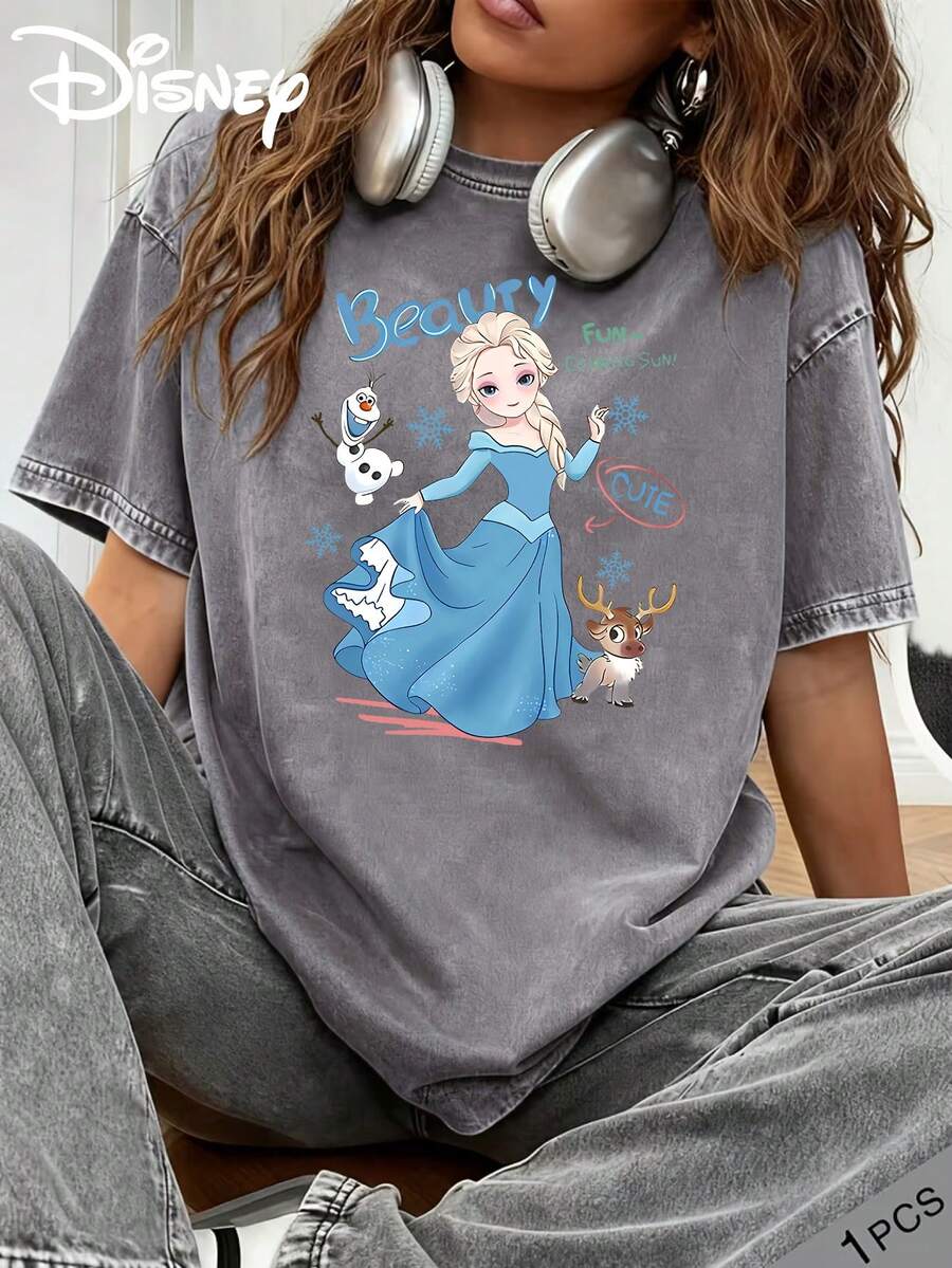 Disney Frozen Snow Treasure Sven Beauty Snowflake Printed Vintage Loose Short Sleeve T-Shirt - Grey - View 1