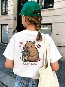 Tween Girl Cute Capybara Print T-Shirt, Soft And Comfortable Fabric, Suitable For Girls Outdoor Sports, Casual Wear, Street Style, Campus Style, Fashionable Girls Spring/Summer Casual Versatile Top - White - View 4