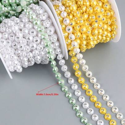 1Yard 10mm Width ABS Flatback Faux Pearl With 4mm Round Rhinestone Trim DIY Wedding Dress Decor Sewing Clothing Accessories (91cm/35.8in Per Pack)