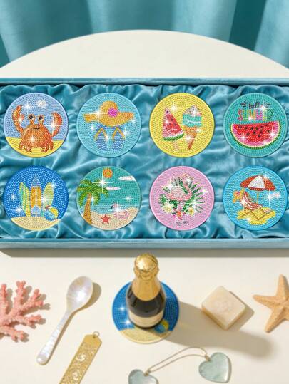 8pcs/Set Diamond Painting Coasters, Summer Theme Coasters, Watermelon, Slippers, Ice Cream, Crab, Surfboard, Cute Pattern Coasters, Home Decor, Kitchen Supplies, Heat Insulation Coasters, Holiday Gift, Party Decor, Party Favor, Gift For Women, Mother's Day Gift