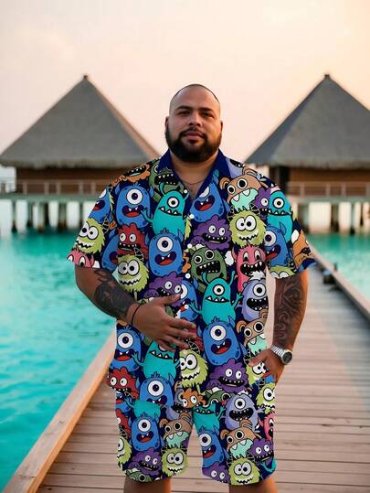 男士街头休闲卡通系列“可爱毛绒怪兽世界”图案运动衬衫套装 - 涤纶针织面料，带抽绳短裤，口袋设计，常规版型，适合大码身材