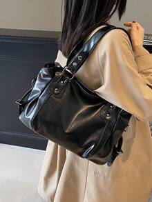 1pc Vintage Large Capacity Handbag, Vintage PU Messenger Shoulder Bag, Women Casual Tote Bag & Wallet, Bohemia Style Bag For Women, Tote Bags For School,College Essentials, Street & Japanese Bag For Women, New Fashionable Big Bags For Women, New Arrival Tote Bags For Woman , Vintage Bag , Y2k , Office - 黑色 - 查看 8