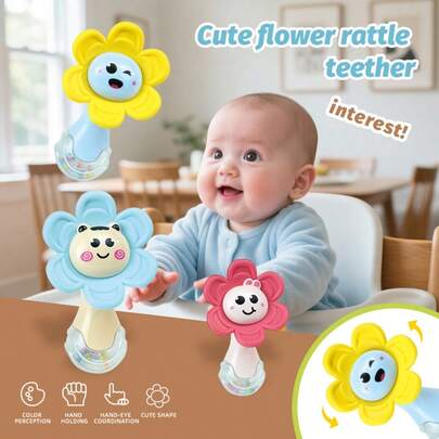 Sonajero y mordedor para bebé 2 en 1, juguete de dentición de silicona con flor colorida para bebés, desarrolla las habilidades de agarre y mano, regalo ideal para recién nacidos niños y niñas
