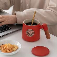 1pc Creative Wooden Handle Ceramic Coffee Mug With Copper Emblem And Lid, University Souvenir Cup, Graduation Gift For Elders - Multicolor - View 2