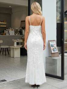 Vestido largo de verano para mujer, elegante, sin mangas, con escote en V profundo, tirantes finos, con lentejuelas, para fiesta, cita nocturna - Blanco marfil - Ver 6