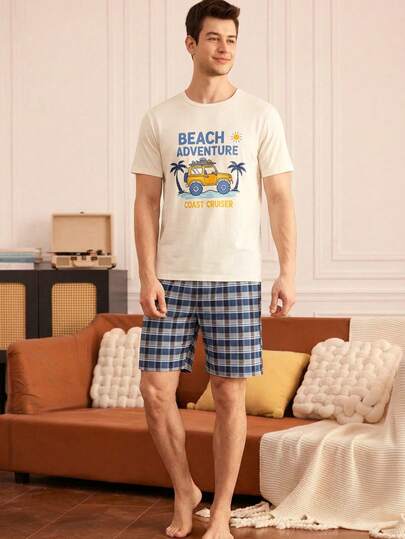 男士夏季休闲睡衣套装，柔软亲肤沙滩印花短袖上衣+格子短裤，宽松舒适睡衣