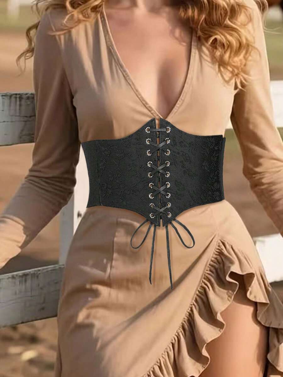 1pc Women's Elegant Black Sexy Printed Tie-Up Waist Cincher, Versatile For Daily Wear Or Holiday Party Occasions - Black - View 1
