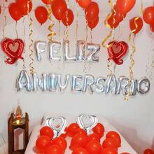 45pcs Spanish Anniversary Balloon Set, 16inch Silver "Feliz Aniversario" Letter Balloons, Heart Balloons, Suitable For Anniversary, Wedding Anniversary, Celebration, Couples - Multicolor - View 4