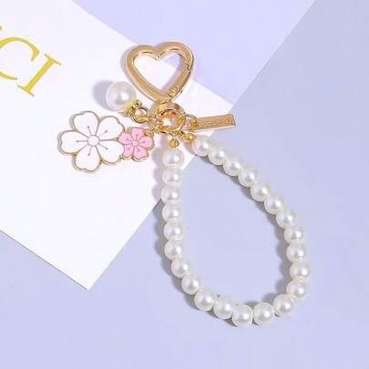 1 Stück Modischer Perlen & Kirschblüten Schlüsselanhänger für Frauen, minimalistischer Rucksack Anhänger, DIY eleganter Kunstperlen Schlüsselanhänger, Rucksack, Kopfhörer Dekorations-Accessoire