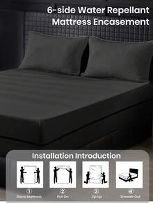 1件装防水六面拉链床垫保护套，适用于9-12英寸厚的床垫，包括单人床、双人床、大号床和特大号床，透气静音，可机洗，低过敏性，高品质床垫套，理想的家居礼品，完美的节日礼物 - 黑色(床單高30cm) - 查看 5