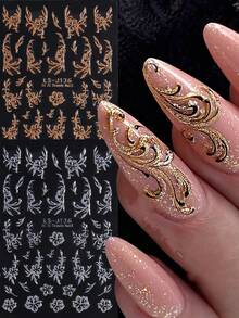 2片装3D金银闪粉不规则线条花朵美甲贴纸，自粘金属花卉美甲贴花，抽象线条花瓣设计，闪亮亮片花朵美甲贴纸，适合女性女孩DIY美甲装饰用品，奢华闪亮花卉美甲配件 - 彩色 - 查看 2