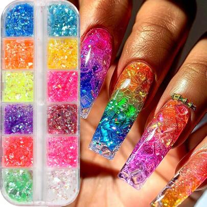 12格全息美甲亮片不规则箔纸闪亮薄片彩色玻璃纸亮片DIY春夏美甲装饰