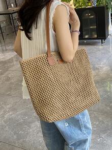 New Arrival Minimalist Hollow Straw Beach Bag, Casual Lightweight Shoulder Tote Bag For Women - Khaki - View 2