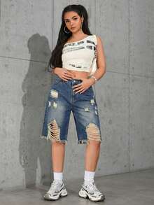 水洗渐变做旧宽松牛仔百慕大短裤，休闲夏季款 - 深藍 - 查看 3