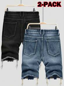 2-Pack Men's Street Style Ripped Casual Frayed Hem Comfortable Denim Shorts - 黑色+藍色 - 查看 2