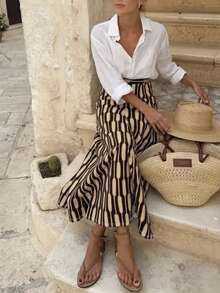 [2026 Valentine's Day Limited] Spring & Summer Geometric Jacquard Minimalist Long Dress, Soft Minimalism Relaxed Fit High Waist A-Line Silhouette, Suitable For Commuting, Dating, City Walk - Khaki - View 3