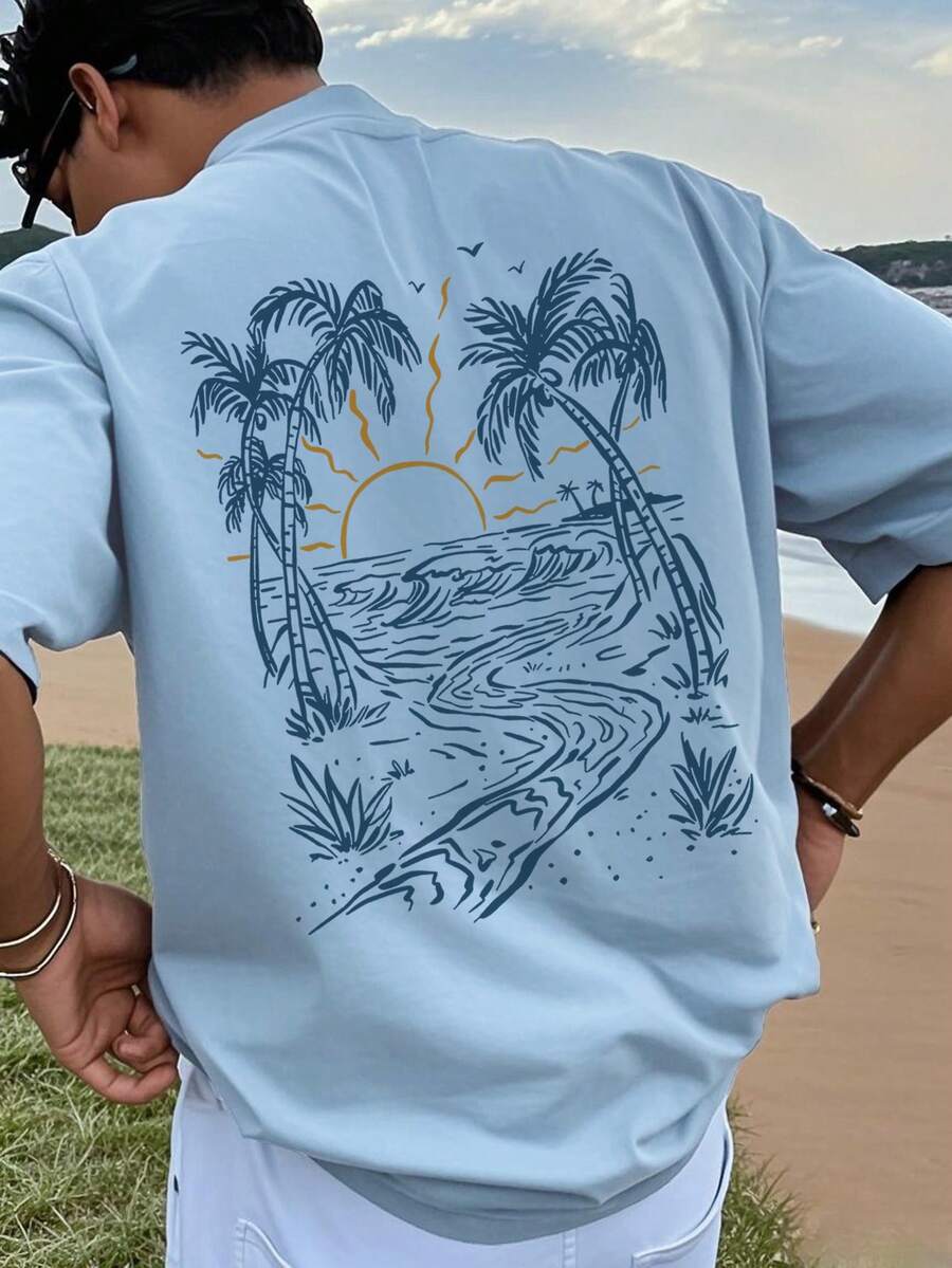 Coastal Men's Vacation Style Island Element Printed Short Sleeve T-Shirt, Suitable For Summer Wear, Comfortable & Breathable, Leading Fashion