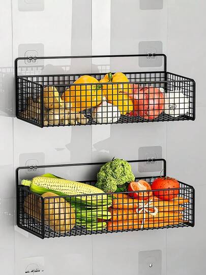 1/2pcs No-Drill Wall Mounted Storage Rack, Multi-Function Storage Basket, No Drill Design, Low-Allergy Metal Material, Suitable For Bathroom And Kitchen Storage, Great For Storing Shampoo, Soap And Daily Necessities, Bathroom Storage And Organization