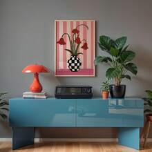 1pc Vintage Poster Decor, Showcasing Diverse Berry Pink Floral Canvas Art Piece, Depicting Tulips In A Checkered Vase. Ideal For Enhancing Living Room Or Bedroom Decor, Also A Thoughtful Gift For Friends. - E - View 2
