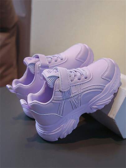 1 Pair Purple Children's Casual Sports Shoes, Leather Upper Breathable Kids Shoes, Comfortable Lace-Up Fashion Children Shoes, Suitable For Spring, Summer, Autumn & Winter