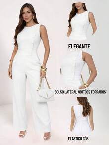 Women's Long Tailored Jumpsuit With Buttons And Pockets, Elegant Wide-Leg Pants - 離開 - 查看 3
