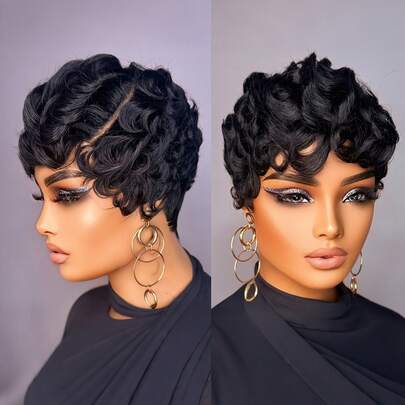 卷曲波浪短假发，真人发材质，13x4x1 T型分缝，1B黑色；99J酒红色精灵短假发，女士真人发精灵短假发，蕾丝前额，1B短款层次感精灵短发假发，带刘海，真人发材质，母亲节礼物，女士日常佩戴。